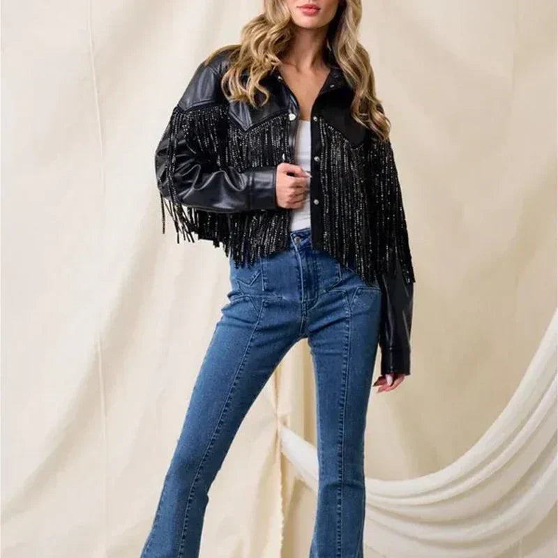 Fringe Stud Details Leather Jacket image 4