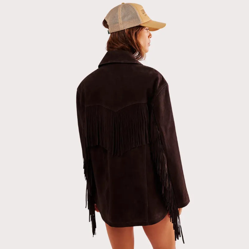 Women Brown Fringe Suede Jacket image 3
