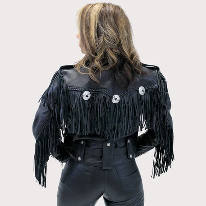 Ladies Cropped Leather Jacket With Fringe image 1