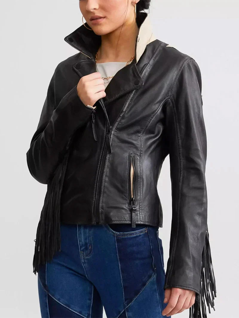 Crissy Star Leather Fringe Jacket - Black image 4