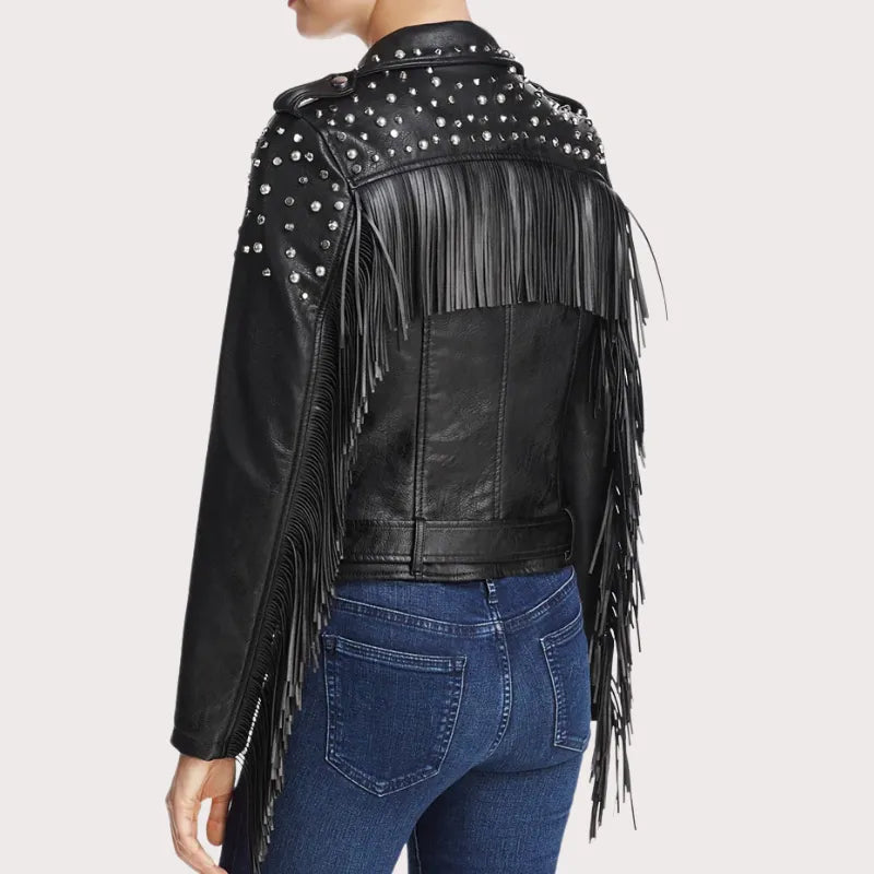Women Black Studded Biker Leather Jacket image 1