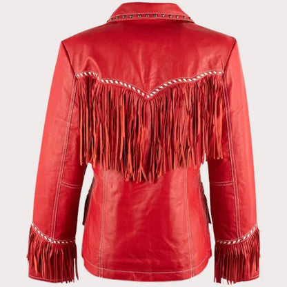 Womens Fringe Red Leather Jacket with Studs image 1