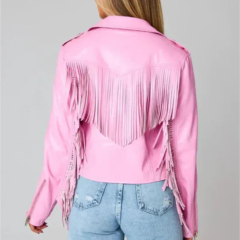 Pink Fringe Vegan Leather Jacket image 2