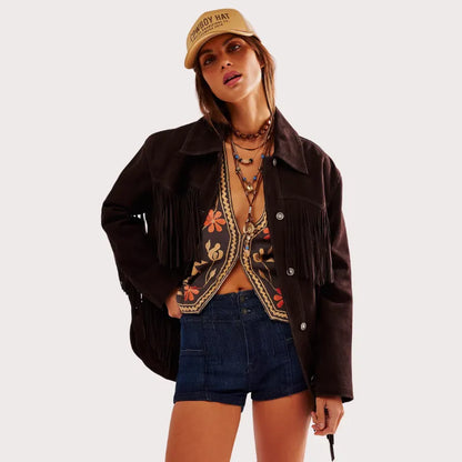 Women Brown Fringe Suede Jacket image 1