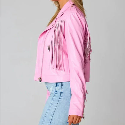 Pink Fringe Vegan Leather Jacket image 1
