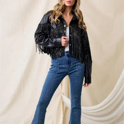 Fringe Stud Details Leather Jacket image 4