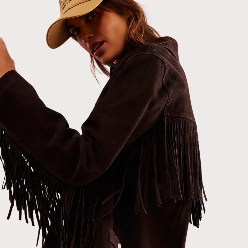 Women Brown Fringe Suede Jacket image 2