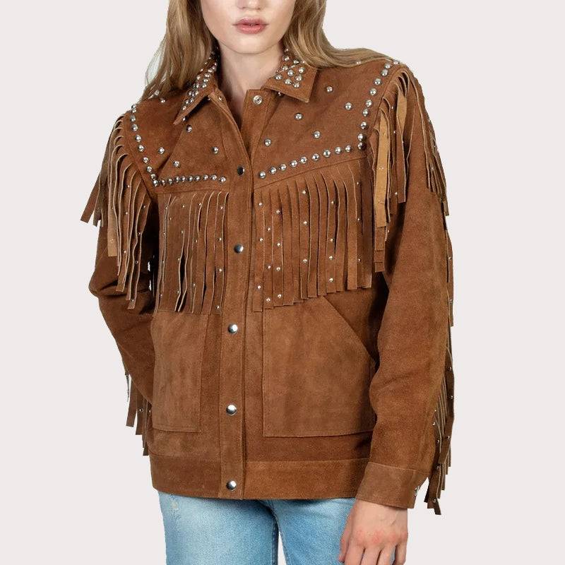 BROWN STUEDDED FRINGE LEATHER JACKET image 2