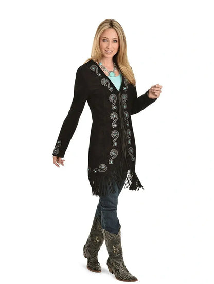 Scully Women's Embroidered Fringe Long Suede Leather Jacket image 2