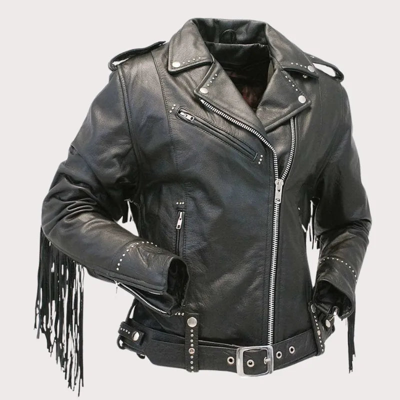 Ladies Stud And Fringe Leather Jacket image 1
