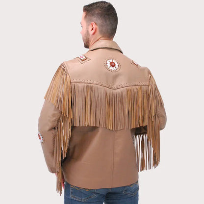 Western Brown Leather Jacket With Fringe & Bone Beading image 1