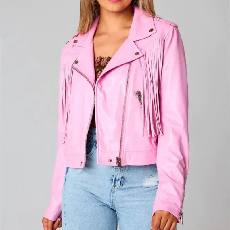 Pink Fringe Vegan Leather Jacket image 0